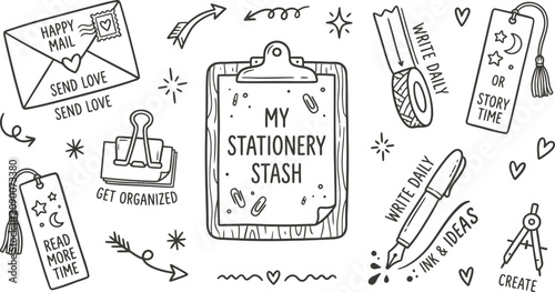 Obraz na plátně Hand drawn stationery stash vector set, black and white office supplies doodles,