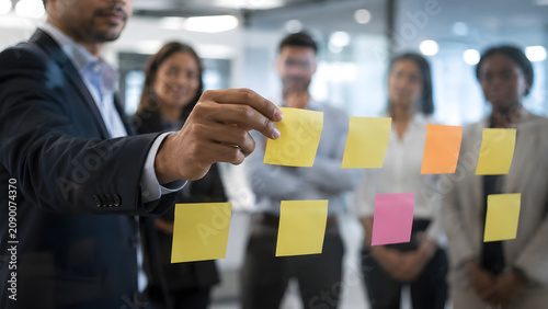 Business Team Collaborating with Sticky Notes on Glass Board