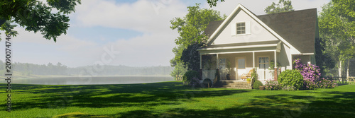 Cozy lakeside cottage house with purple wisteria and green lawn