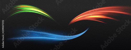 Glowing light trails and energy wave streaks set isolated on transparent background