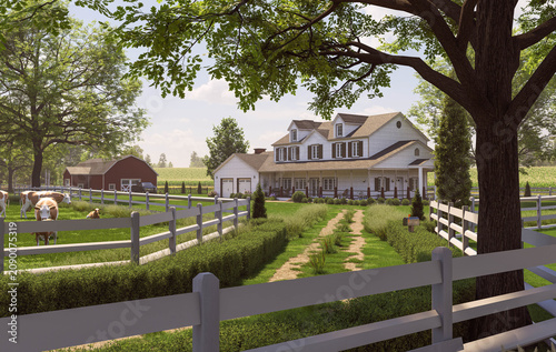 Modern American Farmhouse with Red Barn and Cows