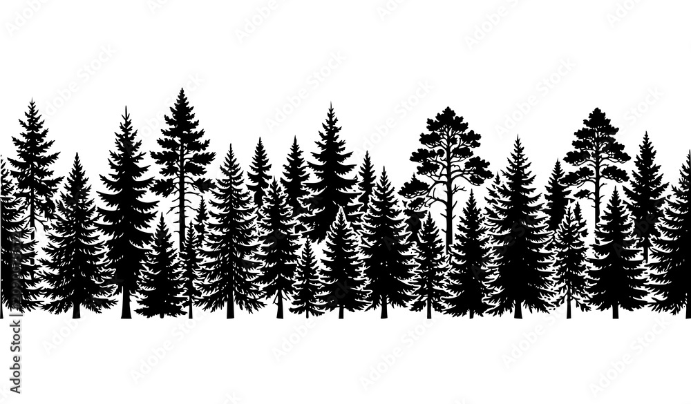 Obraz premium Conifer forest silhouette bundle with Christmas fir spruce trees and evergreen woodland vector