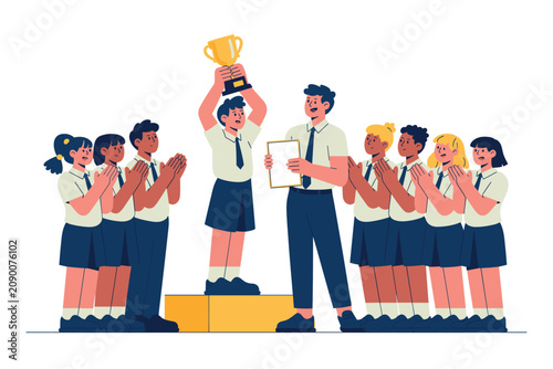 Konstfotografi Happy schoolboy holding a trophy on the podium with teacher and classmates appla