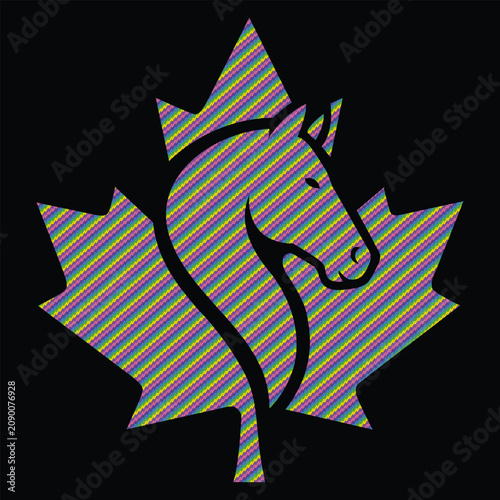 Halftone Dot Horse Head Maple Leaf Logo for Canadian Branding Sports Team Apparel Equestrian Business Vector.