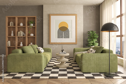 Mid century style conceptual dopamine interior room