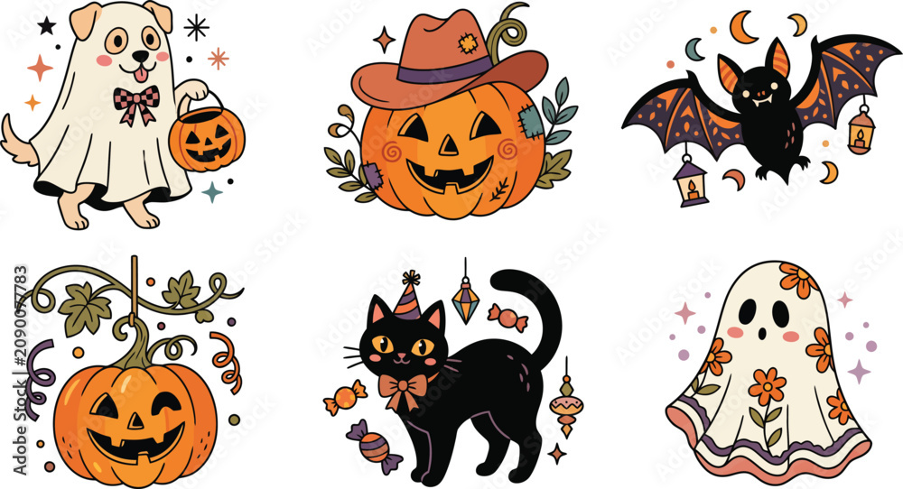 Fototapeta premium A collection of cute hand drawn halloween stickers featuring ghosts pumpkins a black cat and a bat for festive seasonal decoration