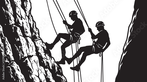 Silhouette of two rock climbers rappelling down a steep cliff face, showing extreme sports adventure and teamwork in nature