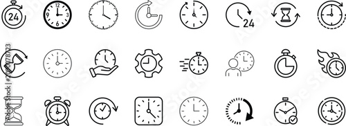 Fotografie Set of black outline representing time, clocks, watches, timers, and various tem