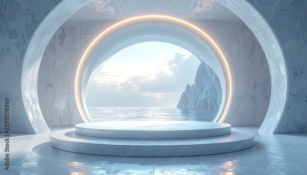 Fototapeta premium Futuristic white marble interior with a circular opening framing a seascape