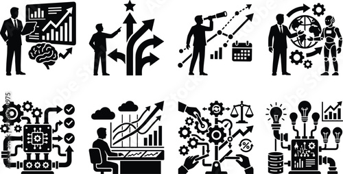 Business analytics artificial intelligence strategic planning and data management black glyph icons set