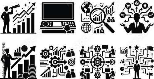 Business analytics financial growth and strategic planning black glyph icons set isolated on white background