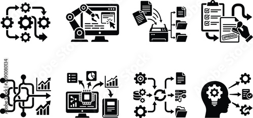 Business process automation and data workflow black glyph icon set representing system optimization and smart manufacturing