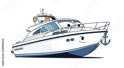 Fun cartoon yacht character with a friendly smiling face on the hull and a blue anchor hanging from the front.