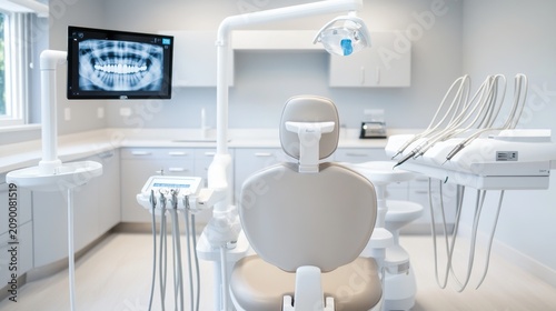 A clean, modern dental clinicoperator room. Dental chair (center), dental instruments (right), X-ray monitor showing a dental scan (top left), dental light (top center), white
