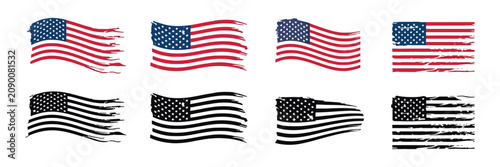 Foto American flag vector with black and white distressed silhouette variations, rugg