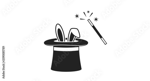 Classic magic show illustration featuring a black top hat with rabbit ears popping out and a magic wand with stars on a white background.