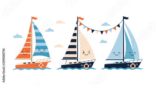 Three adorable cartoon sailboats with smiling faces and colorful striped sails floating on blue ocean waves under a sky with light blue clouds.
