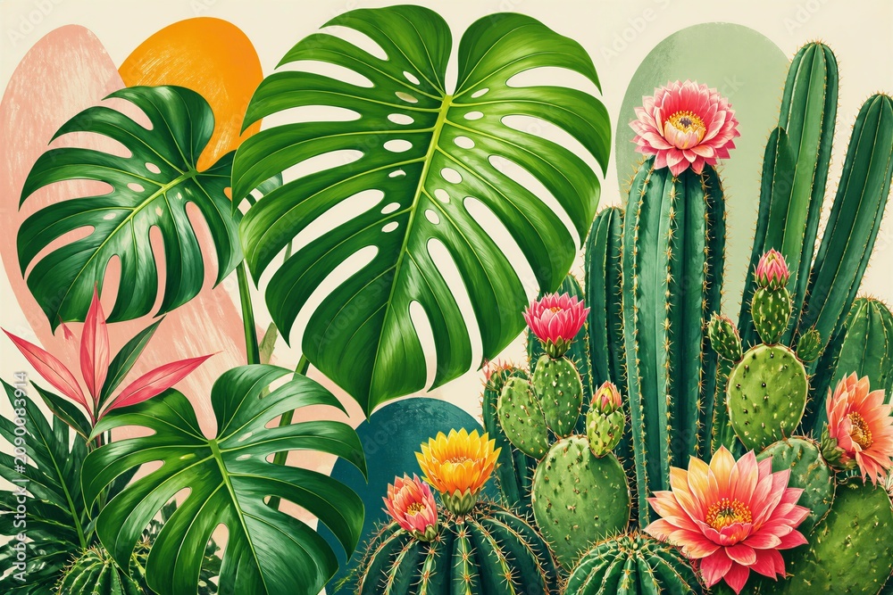 Fototapeta premium Tropical leaves and blooming cacti in botanical illustration