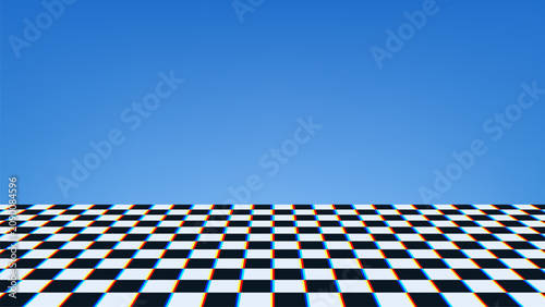Foto Checkerboard floor with chromatic aberration effect and blue gradient background