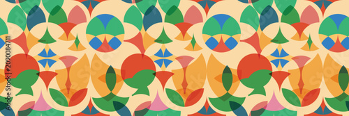 Abstract geometric seamless pattern with colorful overlapping circles and shapes, mid century modern style backdrop for textile, wallpaper, and packaging design