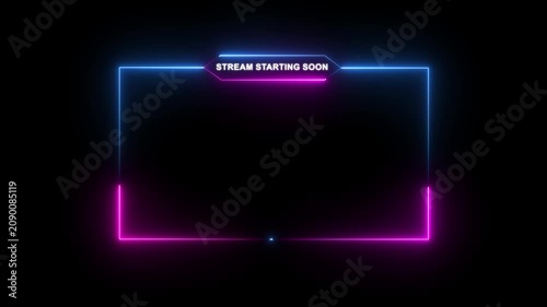 Glowing vibrant neon text display on dark background, stream starting soon animation for live videos and gaming intros. streaming and broadcasting social media motion design element