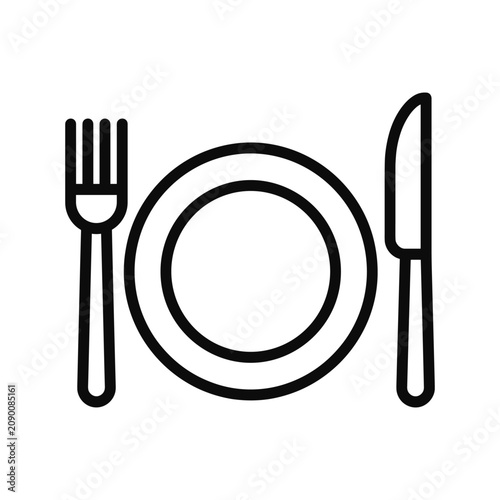 Table setting outline icon presenting a plate with fork and knife, symbolizing dining, restaurant service, food options, meal planning, or a culinary experience