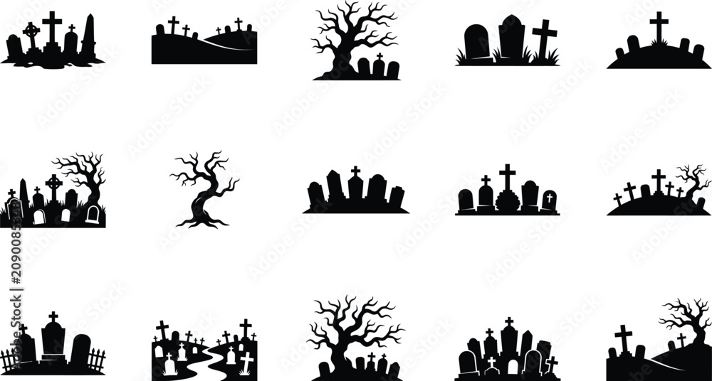 Fototapeta premium Halloween cemetery silhouettes spooky graveyard icons for decoration and design