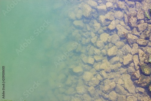 Quadro su tela Clear water over rocky riverbed with visible stones and pebbles submerged beneat