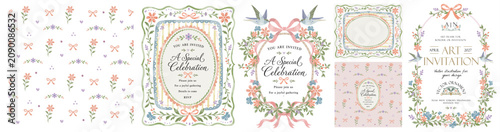 Floral invitation, seamless pattern and card on a transparent background. Classic vintage vector illustration: baroque frame, aesthetic elements, flowers, vignette, wreath, elegant pattern, delicate d