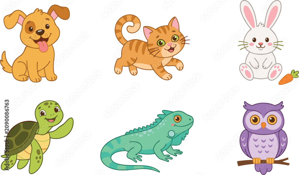 Obraz premium Cute Cartoon Domestic Pets and Small Animals Vector Illustration Character Set with Puppy, Kitten, Bunny, Turtle, Iguana, and Owl for Kids Nursery Clipart