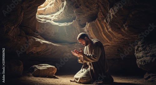 Man Kneeling in Prayer Inside a Sunlit Cave.