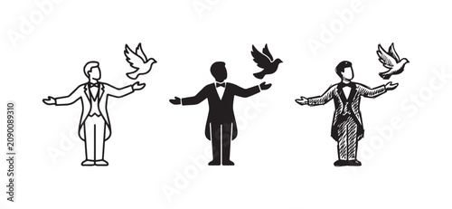 Canvastavla Magician in tuxedo with a flying dove, presented in outline, solid black, and hand-drawn sketch styles