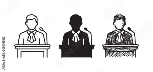 Photos Judge or court official behind a desk with microphones, shown in outline, silhouette, and hand-drawn sketch styles