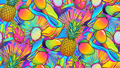 Psychedelic pop art seamless pattern background featuring vibrant tropical fruits collage