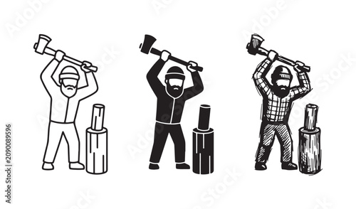 Obraz na plátně Bearded man in a beanie raising a splitting maul over a log and wedge, illustrated in outline, silhouette, and hand-drawn sketch icon styles