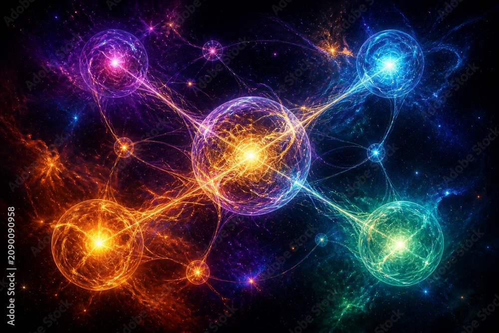 Fototapeta premium Colorful particle network connecting luminous nodes in space