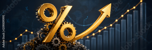 golden percentage symbol with gears and rising graph