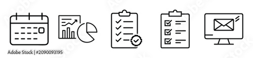 Business productivity icons including calendar, graph, clipboard, and computer with email on screen for organization and task management purposes daily