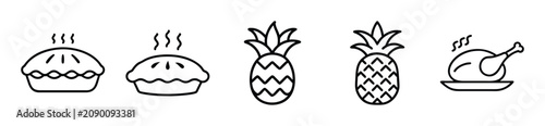 Fotografie Simple line drawings of pies, a pineapple, and a roasted turkey on a platter for