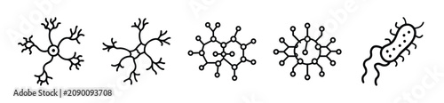 Photos Detailed illustrations of neurons and molecular structures in black lines on whi