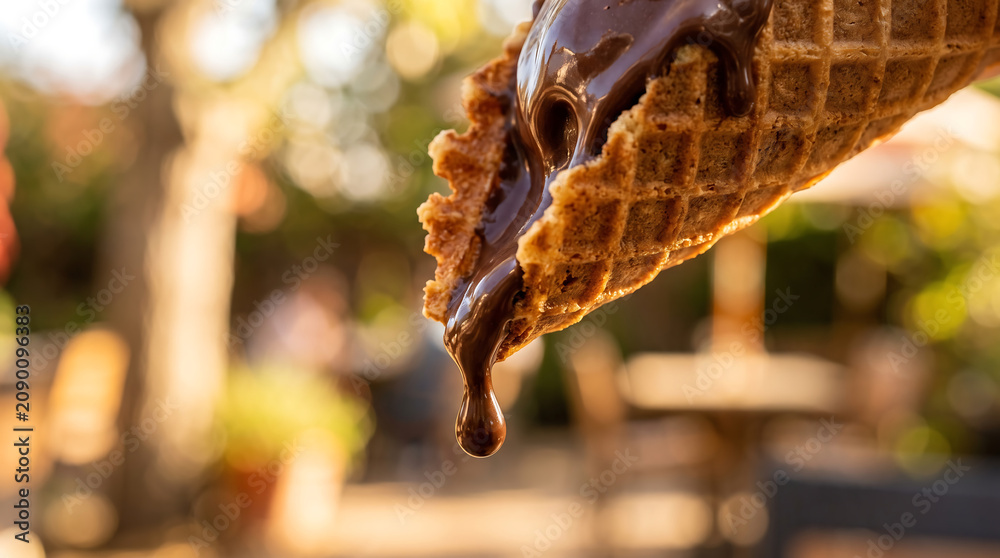 Fototapeta premium Chocolate Ice Cream Cone Dripping and Melting in Hot Summer Sunshine Close Up Indulgent Dessert