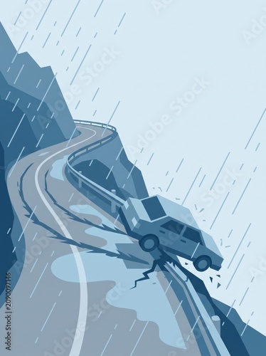 illustration of car skidding off cracked mountain road during heavy rain. dangerous driving conditions, accident and insurance concept. poster, article with copyspace.