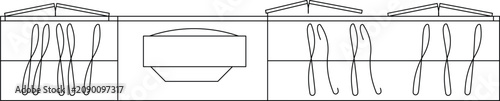 Technical vector illustration of architectural window or door hardware, showing specialized panel mechanisms and hinge assemblies with folding elements, designed for engineering, construction document