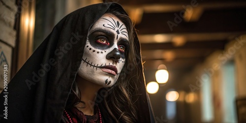 Woman with sugar skull makeup wearing dark hood mysterious day of the dead portrait