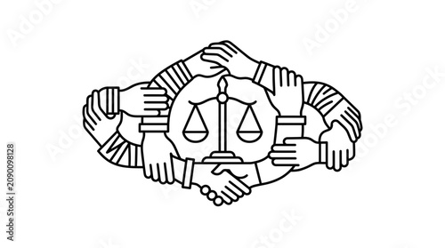 Justice Scales Surrounded by Interlocking Hands and Handshake Symbol