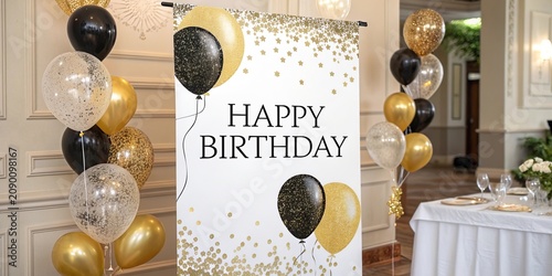 Happy Birthday Greeting Card with Black and Gold Balloons and Glitter Confetti