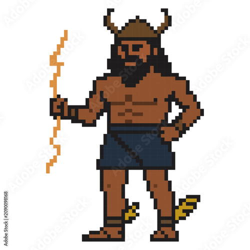 A character stands confidently with a lightning bolt in one hand, wearing a crown. He has a muscular build and is dressed in shorts. The scene is simple and colorful
