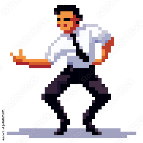 A man in a white shirt and black tie is dancing energetically. He moves his arms and legs in a playful manner. The scene shows a lively atmosphere in an office setting