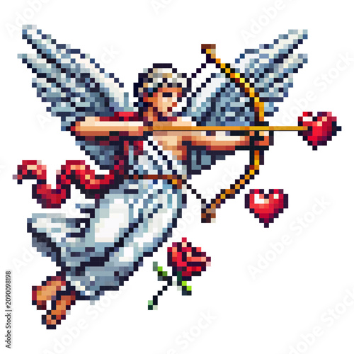 An angel is seen in flight, holding a bow and arrows aimed at floating hearts. Roses surround the angel, adding to the playful scene. This design is created in a pixel art style