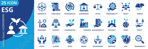 esg icon set collection in flat style. icon pack contain environment, sustainability, governance, responsibility, ethics, transparency, impact, community, climate, carbon icon